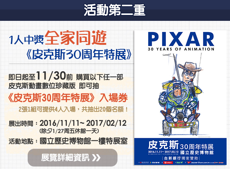 一人中獎全家同遊皮克斯30周年特展