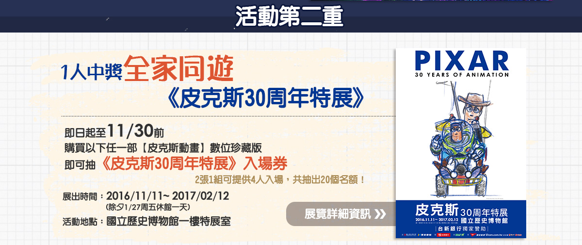 一人中獎全家同遊皮克斯30周年特展