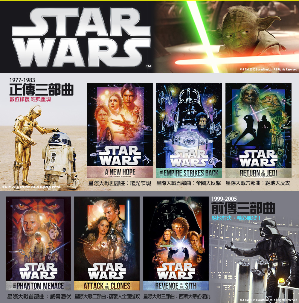 STAR WARS。正傳三部曲，數位修復經典重現。前傳三部曲，絕地對決精彩戰役。